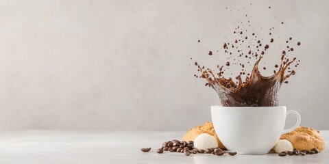 coffee and bakery espresso presentation. A splash of coffee creates dynamic movement around a white cup.