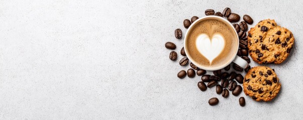 coffee and bakery espresso presentation. Creamy latte art with cookies and coffee beans on a textured surface.