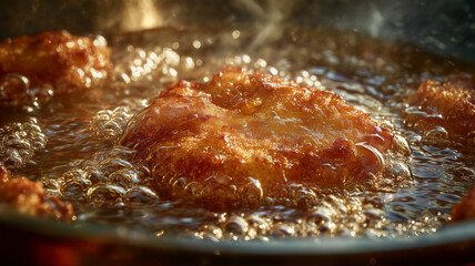 油の中で揚がる唐揚げの迫力クローズアップ