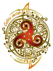 Ancient magic Celtic drawing. Vintage design of triskelion symbol. Nordic ethnic sign. Triple spiral gold ornament with Celtic knot pattern. Hand drawn vector for badge, icon, sticker, tattoo, print