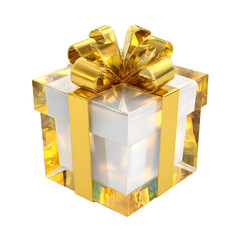 Elegant 3D gift box with a sparkling golden ribbon bow creating a luxurious and festive presentation against a soft transparent background