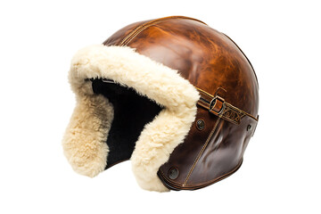 Brown leather aviator helmet with fluffy white fur trim, isolated on transparent background