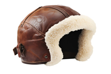 Brown leather aviator helmet with fluffy white fur trim, isolated on transparent background