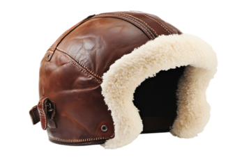 Brown leather aviator helmet with fluffy white fur trim, isolated on transparent background