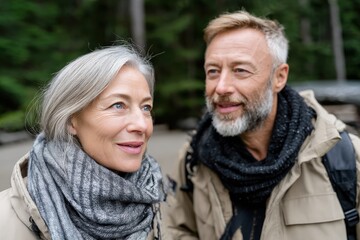 A happy couple shares a moment outdoors in nature, both wearing scarves and jackets, enjoying each other's company, symbolizing love and tranquility.