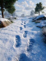 Fototapeta premium Winter landscape with snowy path and footprints outdoors