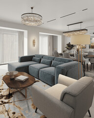 Living room with kitchen, dining room and fireplace. Luxurious apartment background with contemporary design. Modern interior design. 3D render, 3D illustration.