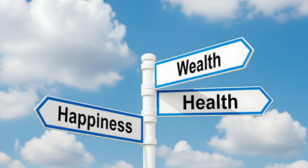 Happiness Health Wealth Signpost Under Blue Sky