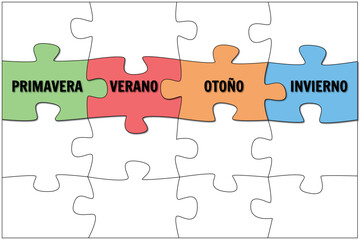 Fototapeta premium Rompecabezas colorido de las cuatro estaciones: primavera, verano, otoño e invierno. Ilustración vectorial educativa, perfecta para aprendizaje, infografías o contenido infantil.