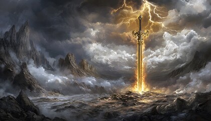 A magnificent golden sword erupts from the earth amidst a dramatic mountain landscape.
