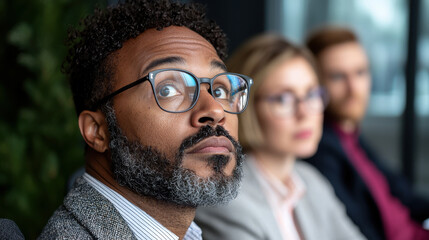Thoughtful man with glasses and beard looks up during meeting, surrounded by colleagues