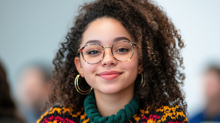 Diverse young woman smiling confidently colorful sweater, showcasing her unique style