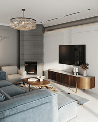 Obraz premium Living room with kitchen, dining room and fireplace. Luxurious apartment background with contemporary design. Modern interior design. 3D render, 3D illustration.
