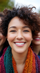 Joyful woman with curly hair smiles brightly, wearing colorful scarf, surrounded by friends