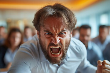 Obraz premium A man expresses intense anger in a corporate meeting room while colleagues observe the confrontation. The atmosphere is charged with tension, revealing a clash of opinions and emotions