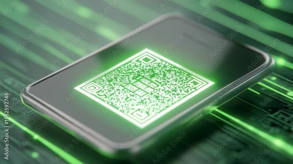 Poster QR Code on Smartphone: A close-up shot of a smartphone's screen showcasing a glowing QR code, symbolizing digital access and modern technology in an innovative manner. 