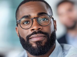 Engaged leader with glasses showcasing confidence and focus in professional setting