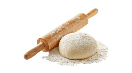 Dough ball and wooden rolling pin on transparent background