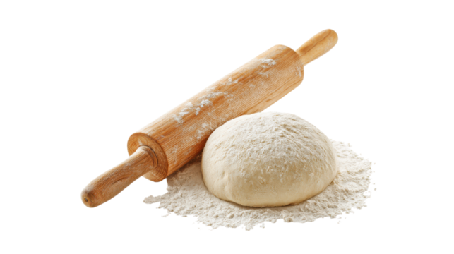 Dough ball and wooden rolling pin on transparent background - Powered by Adobe