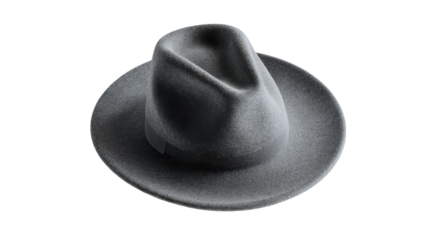 Elegant gray fedora hat with ribbon on transparent background