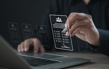 Professional signing a digital contract displayed on a holographic screen, symbolizing online...