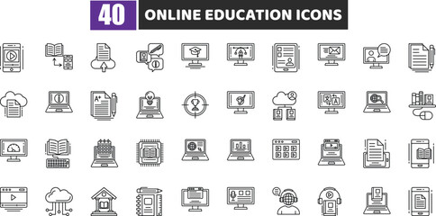 Online Education Icons Vector Set, E-learning, Course, Laptop, Student, Study, School, Teaching, Knowledge