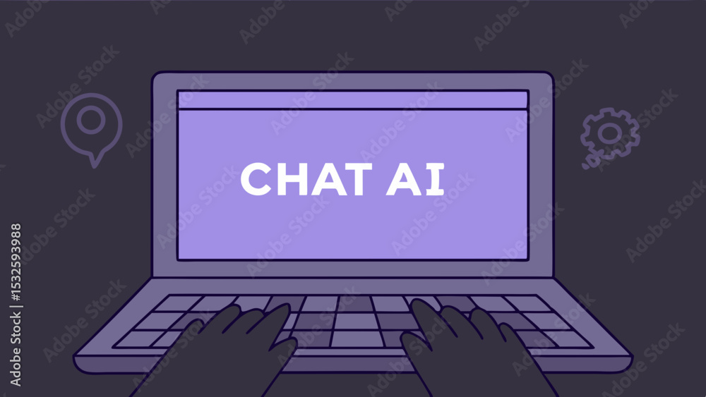 Poster Laptop displaying chat ai with hands typing on keyboard and icons in the background design element