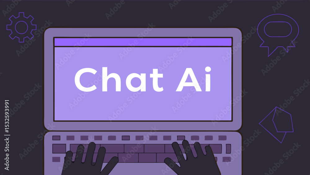 Poster Laptop displaying chat ai with hands typing on keyboard and icons in the background design element