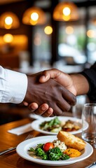 Business professionals sharing a handshake over a dining table with plates of food in a modern restaurant setting