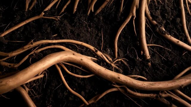 Detailed view of intertwined plant roots in rich dark soil, capturing growth and connection