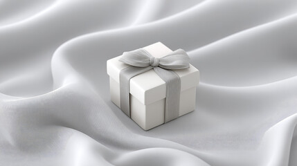 Small white gift box with silver ribbon on smooth fabric