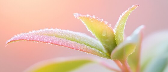 Dewy spring foliage gleaming, soft pastel colors emerging against soft light