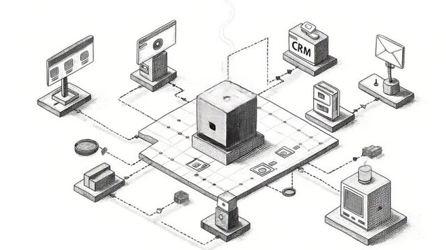 scene of an automation dashboard A mock-up cube is being dropped into a D flow diagram with connected paths to floating action icons email, database, and CRM Tech grid floor Sketch sty