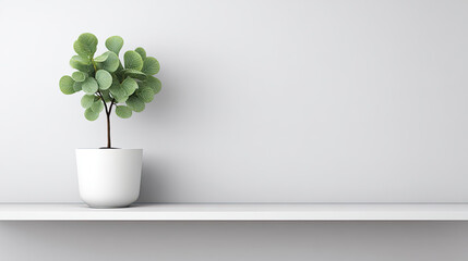 Small green plant in white pot on shelf with blank wall