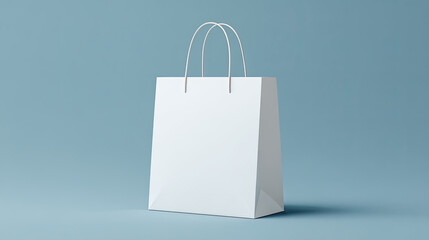 White paper shopping bag with handles on blue background