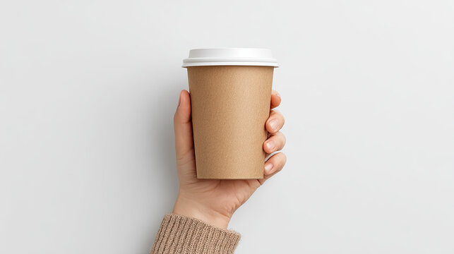 Disposable coffee cup held by hand with white background