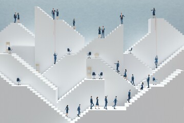 Business people walking upstairs in job interview queue. Abstract environment with white stairs going up and down.3D render 