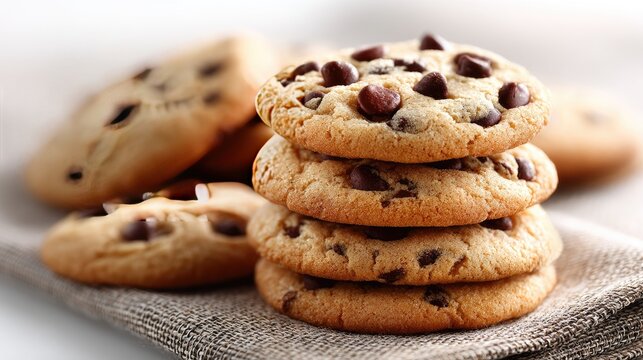 A tempting stack of chocolate chip cookies rests on textured burlap, showcasing their rich flavor against a white backdrop