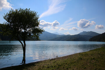 Lake in the mountains, Lac de Monteynard in the french alps, France