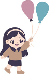 Girl holding balloons: A cute cartoon of a girl holding balloon. The young girl hold a balloon.