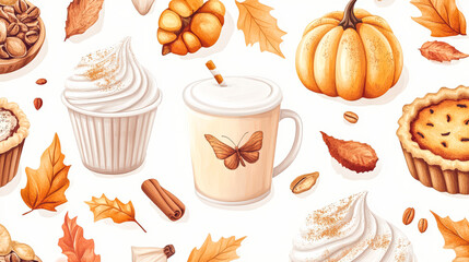 White background with a pattern of food items including a cupcake, a pastry