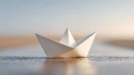 Paper boat floating on calm water with soft light