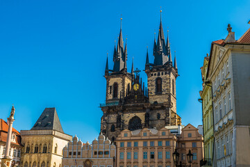 A view eastward across the old town square in central Prague in springtime