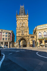A view towards the Powder Tower  in central Prague in springtime