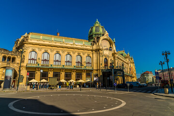 A view across the square beside the Powder Tower  in central Prague in springtime