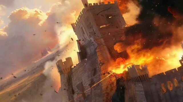 Epic Castle Under Siege: A Dramatic Depiction of War and Destruction Concept