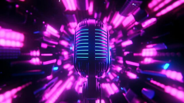 Neon lights creating a vibrant, energetic backdrop for a vintage microphone