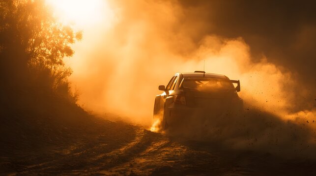 A rally car speeding through a cloud of dust on a sun-drenched, dusty road.