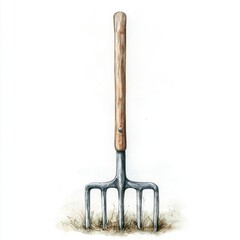 Watercolor painting of a garden fork stuck in the soil on a white background