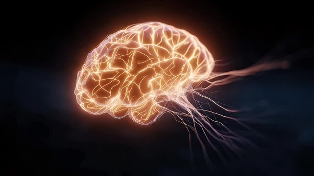 Abstract representation of a glowing brain with electric neural connections against a dark background